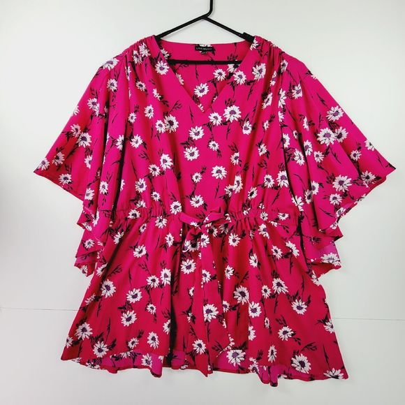 Lane Bryant Tops - Lane Bryant Blouse Women 26/28 Pink Floral Print Bat Flared Sleeve Kimono Belted